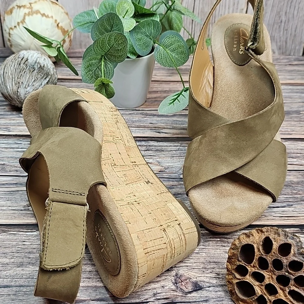 CLARKS ARTISAN SUEDE WEDGE CORK HEEL SLINGBACK SANDAL